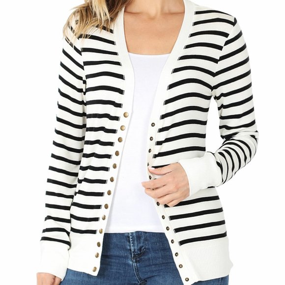 Zenana Outfitters Sweaters - PLUS STRIPED SNAP BUTTON CARDIGAN SWEATER RIB DETAILS ON NECKLINE, HEM & SLEEVE